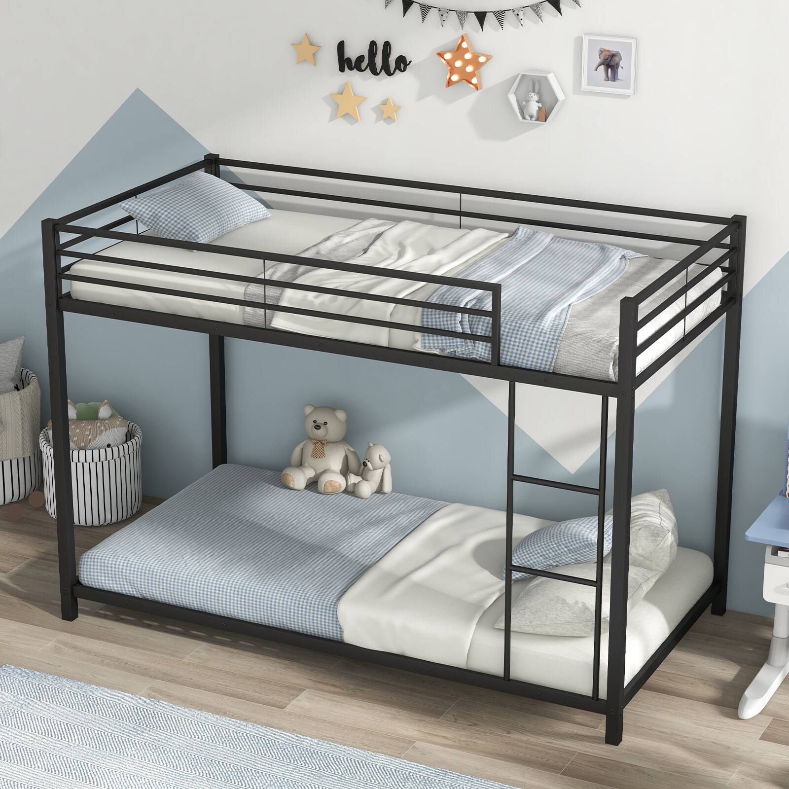 Alt View 4. Costway - Costway Space-Saving Twin over Twin Bunk Bed with Built-in Ladder Safety Guardrail - Black.