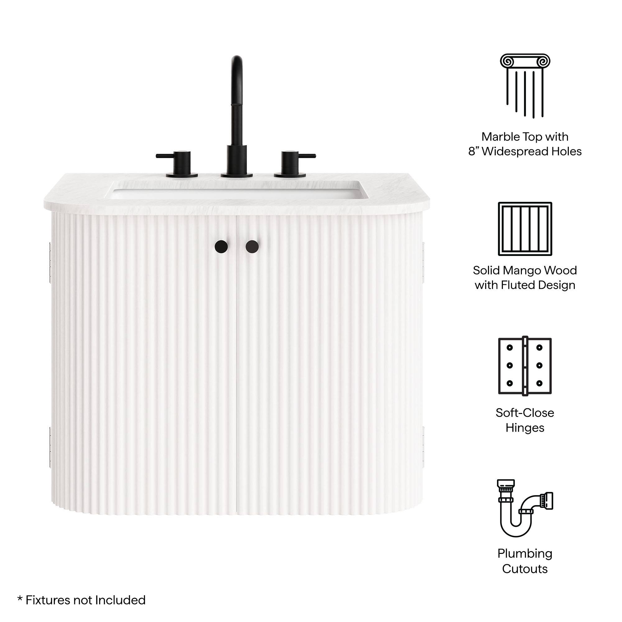 Marble Top with 8" Widespread Holes  
Solid Mango Wood with Fluted Design  
Soft-Close Hinges  
Plumbing Cutouts  
Fixtures not Included