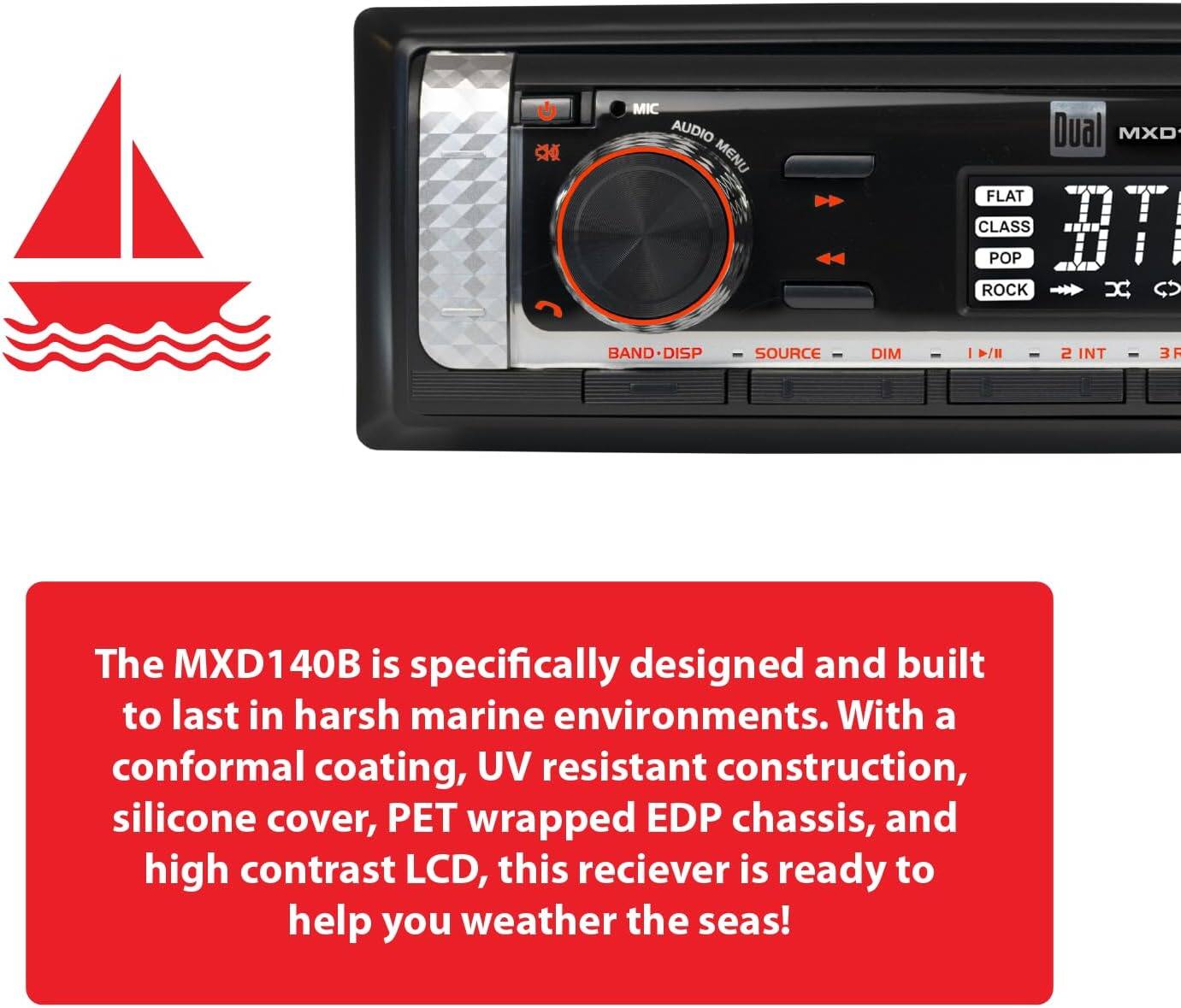 The MXD140B is specifically designed and built to last in harsh marine environments. With a conformal coating, UV resistant construction, silicone cover, PET wrapped EDP chassis, and high contrast LCD, this receiver is ready to help you weather the seas!