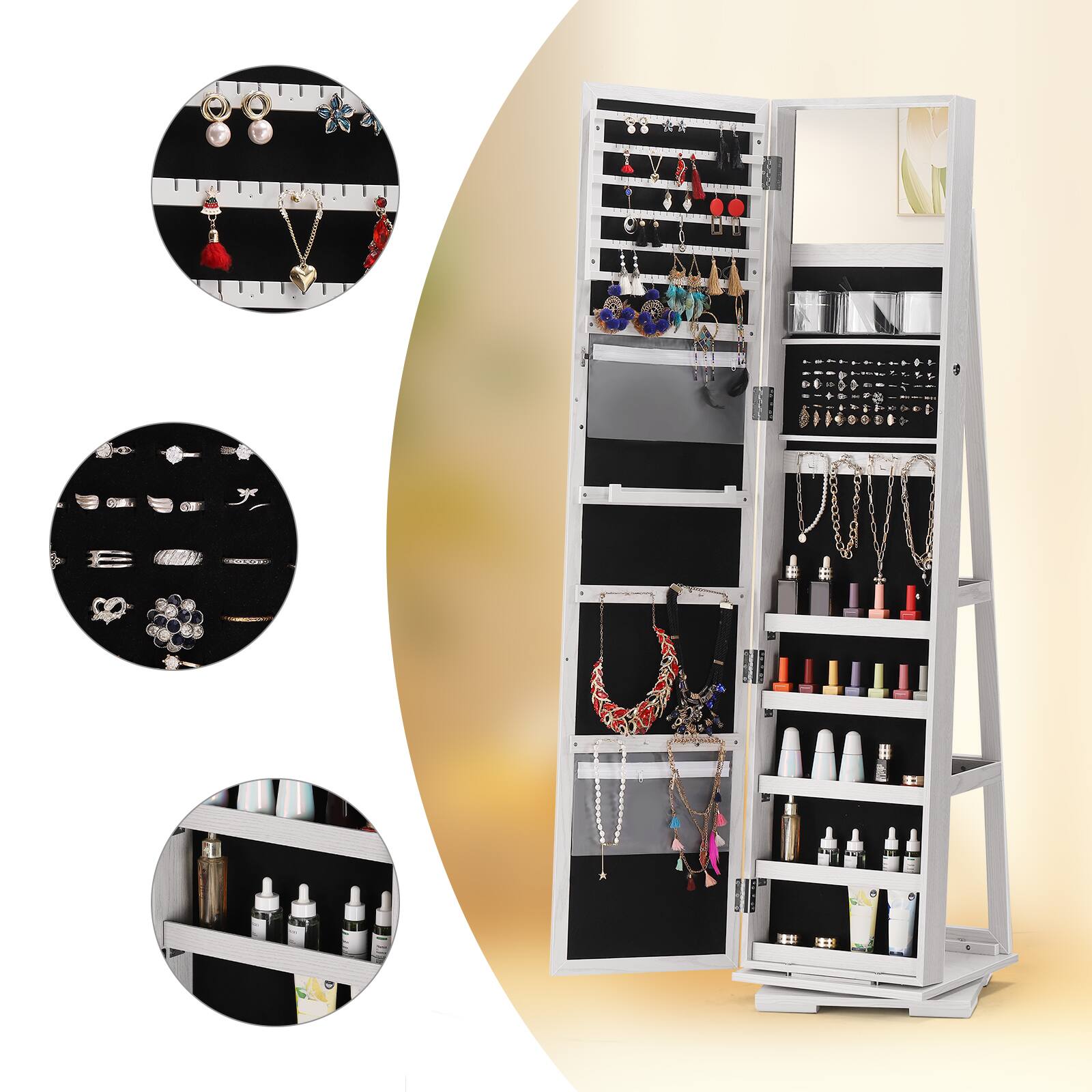 Left. Oumilen - 360° Rotating Jewelry Armoire with Full-Length Mirror, White.
