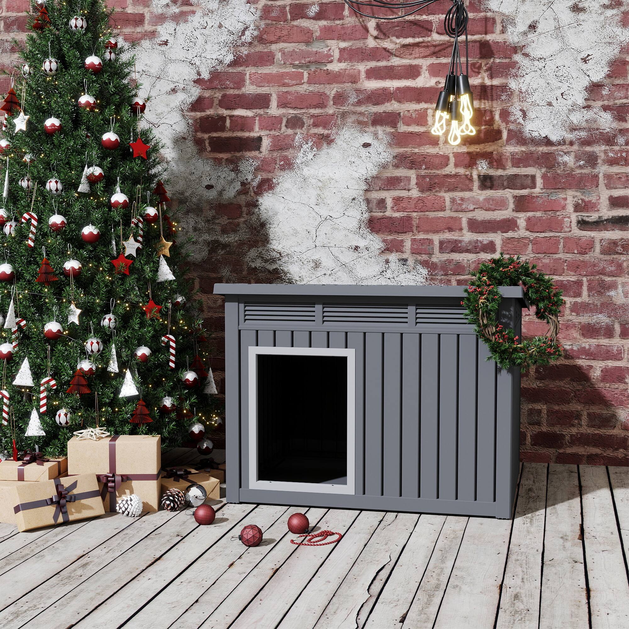 Back. Yardgrace - 204 Large Dog House - Weatherproof, Removable Roof, Louvered Vents, Asphalt Roof, Elevated Base, Indoor/Outdoor Kennel - Black.