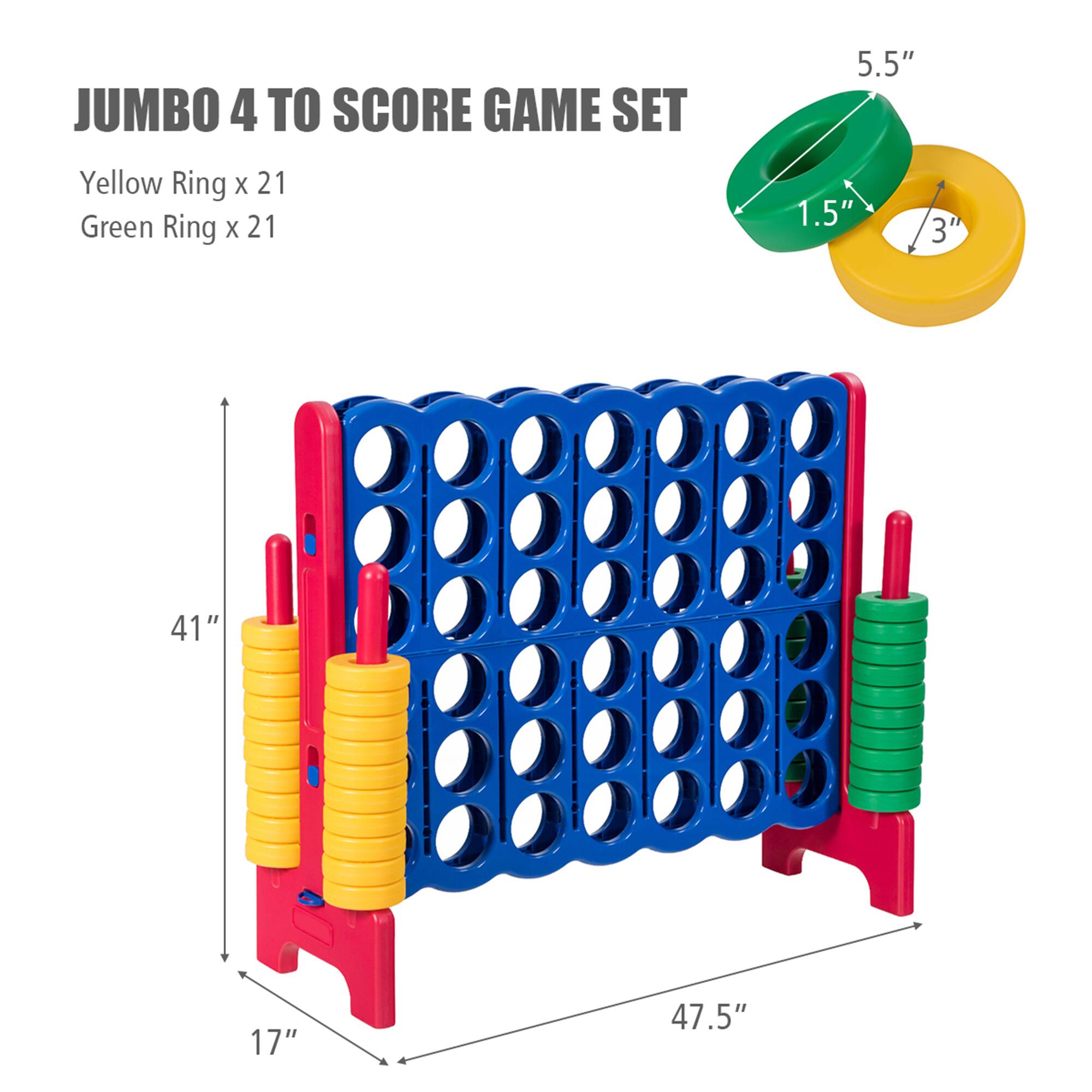 JUMBO 4 TO SCORE GAME SET  
Yellow Ring x 21  
Green Ring x 21  

5.5"  
1.5"  
3"  
41"  
17"  
47.5"