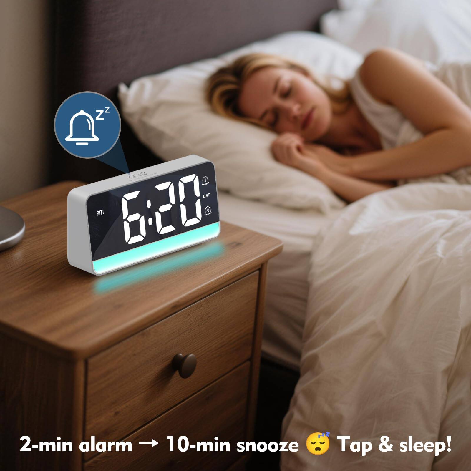 6:20 AM  
2-min alarm → 10-min snooze 😴 Tap & sleep!