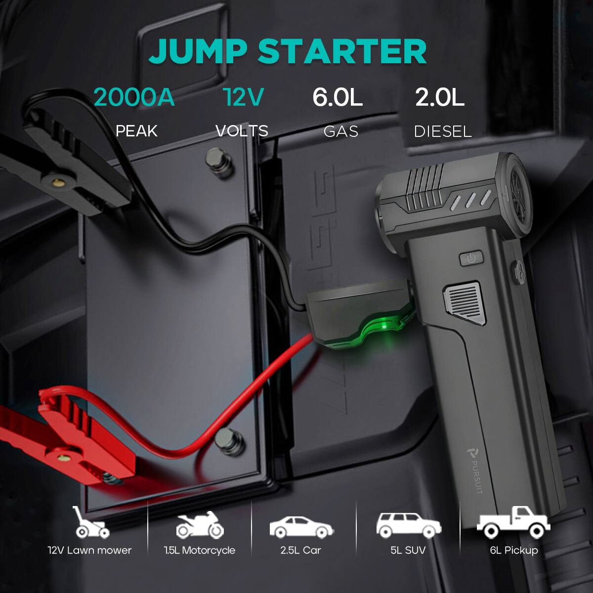 JUMP STARTER  
2000A PEAK  
12V VOLTS  
6.0L GAS  
2.0L DIESEL  

12V Lawn mower  
1.5L Motorcycle  
2.5L Car  
5L SUV  
6L Pickup