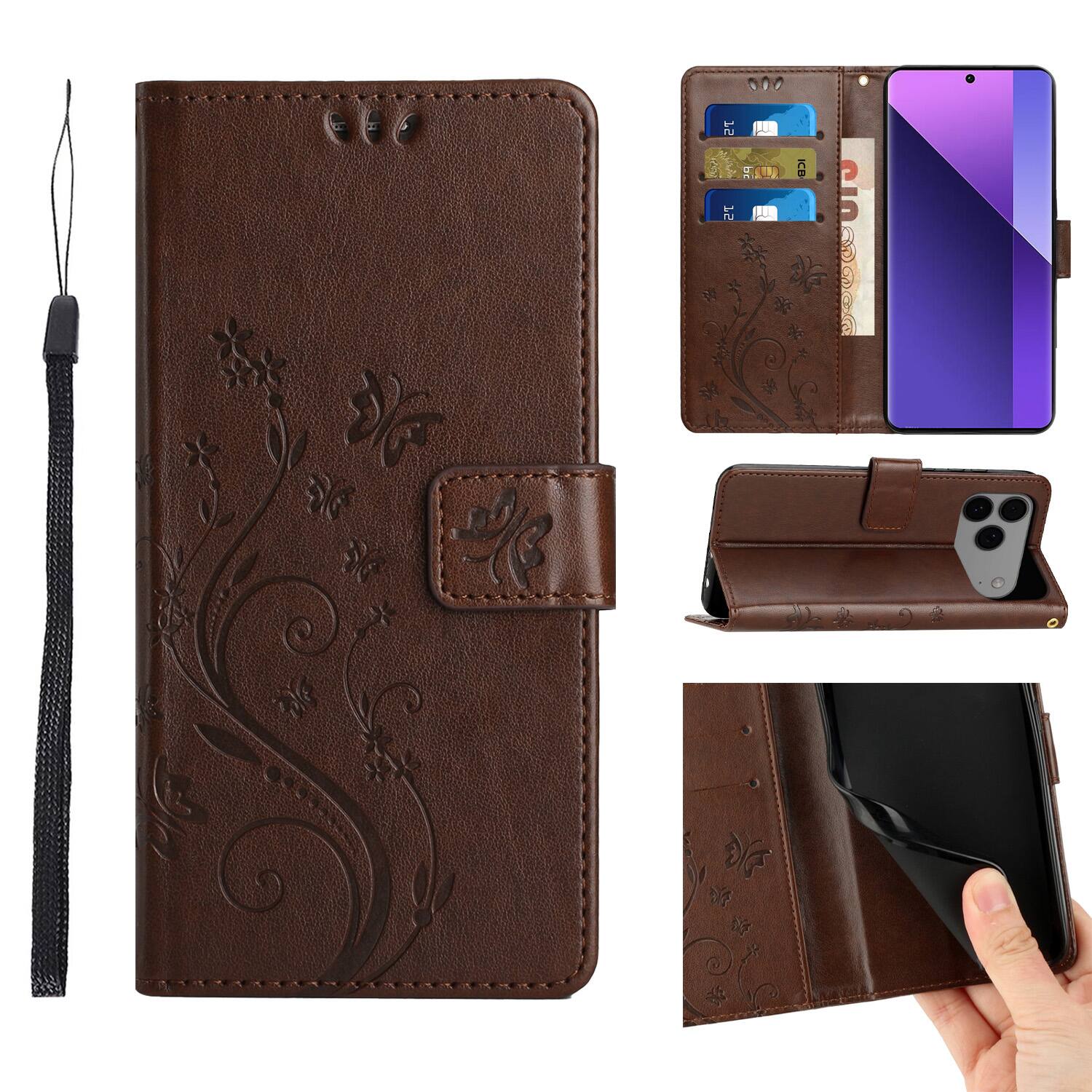 Front. Dteck - Wallet Case for Apple iPhone 18 Pro Max, Butterfly Floral PU Leather Flip Card Slots Cash Pocket Kickstand Strap Cover - Brown.