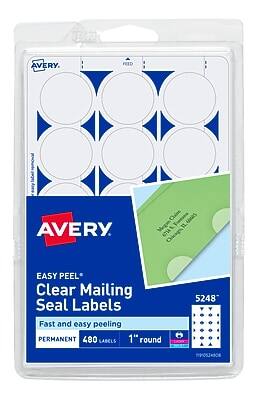 AVERY  
EASY PEEL  
Clear Mailing Seal Labels  
Fast and easy peeling  
PERMANENT  
480 LABELS  
1" round  
5248  
PPO53ABOR