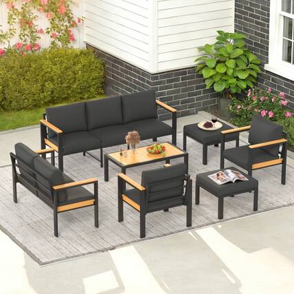 Front. U-HOMY - 7-Piece Patio Conversation Set with Table, All-Weather Aluminum Furniture for Outdoor Living - Black.