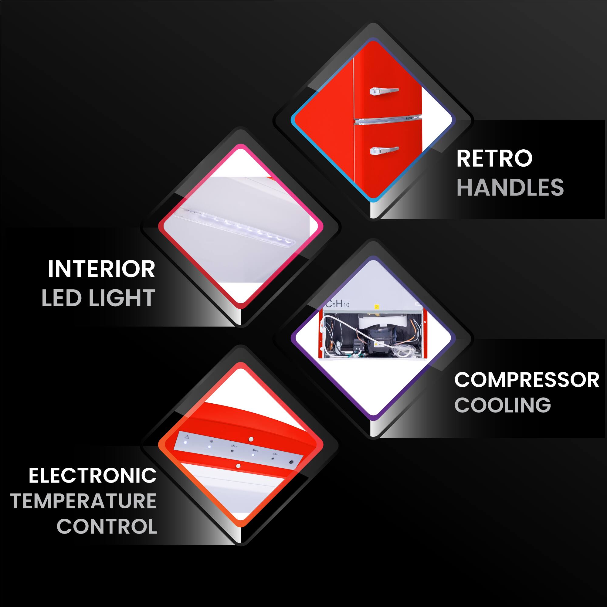 - RETRO HANDLES
- INTERIOR LED LIGHT
- COMPRESSOR COOLING
- ELECTRONIC TEMPERATURE CONTROL
