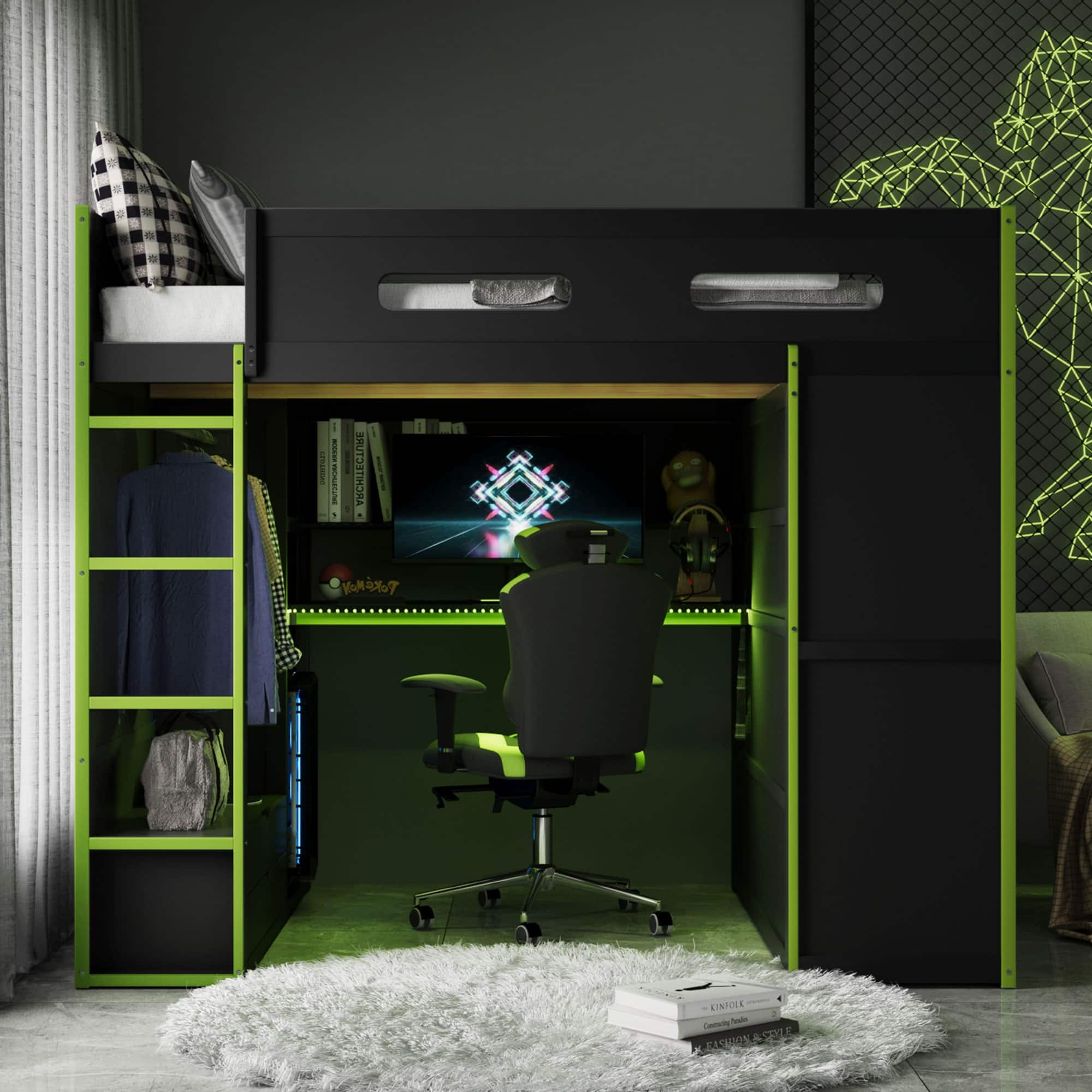 Anysun - Full Size Wood Loft Bed with Desk,Wardrobe,Ample Storage Space,and RGB Light - Green