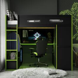 Anysun - Full Size Wood Loft Bed with Desk,Wardrobe,Ample Storage Space,and RGB Light - Green