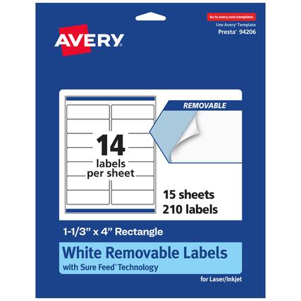 Go to avery.com/templates
AVERY
Use Avery Template Presta® 94206
14 labels per sheet
15 sheets
210 labels
1-1/3" x 4" Rectangle
White Removable Labels with Sure Feed® Technology for Laser/Inkjet