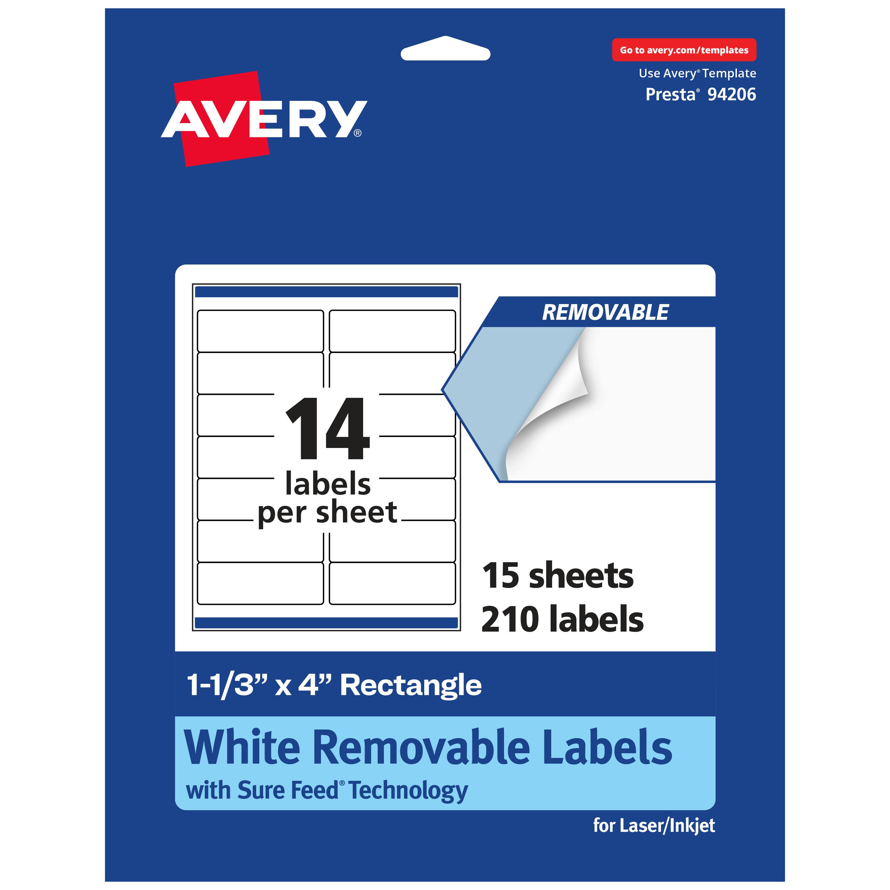 Go to avery.com/templates  
AVERY  
Use Avery Template Presta® 94206  

14 labels per sheet  
15 sheets  
210 labels  

1-1/3" x 4" Rectangle  
White Removable Labels with Sure Feed® Technology for Laser/Inkjet