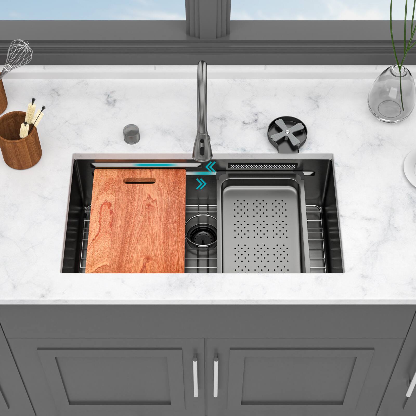 Front. Siljoy - 33" Undermount Waterfall Kitchen Sink Single Bowl 16 Gauge Stainless Steel Basin with Pull-Down Faucet & Cup Washer - Gunmetal Black.