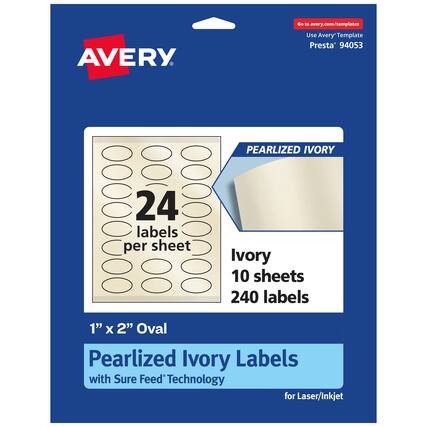 Go to avery.com/templates
Use Avery Template Presta® 94053
PEARLIZED IVORY
24 labels per sheet
Ivory 10 sheets 240 labels
1" x 2" Oval Pearlized Ivory Labels with Sure Feed® Technology for Laser/Inkjet