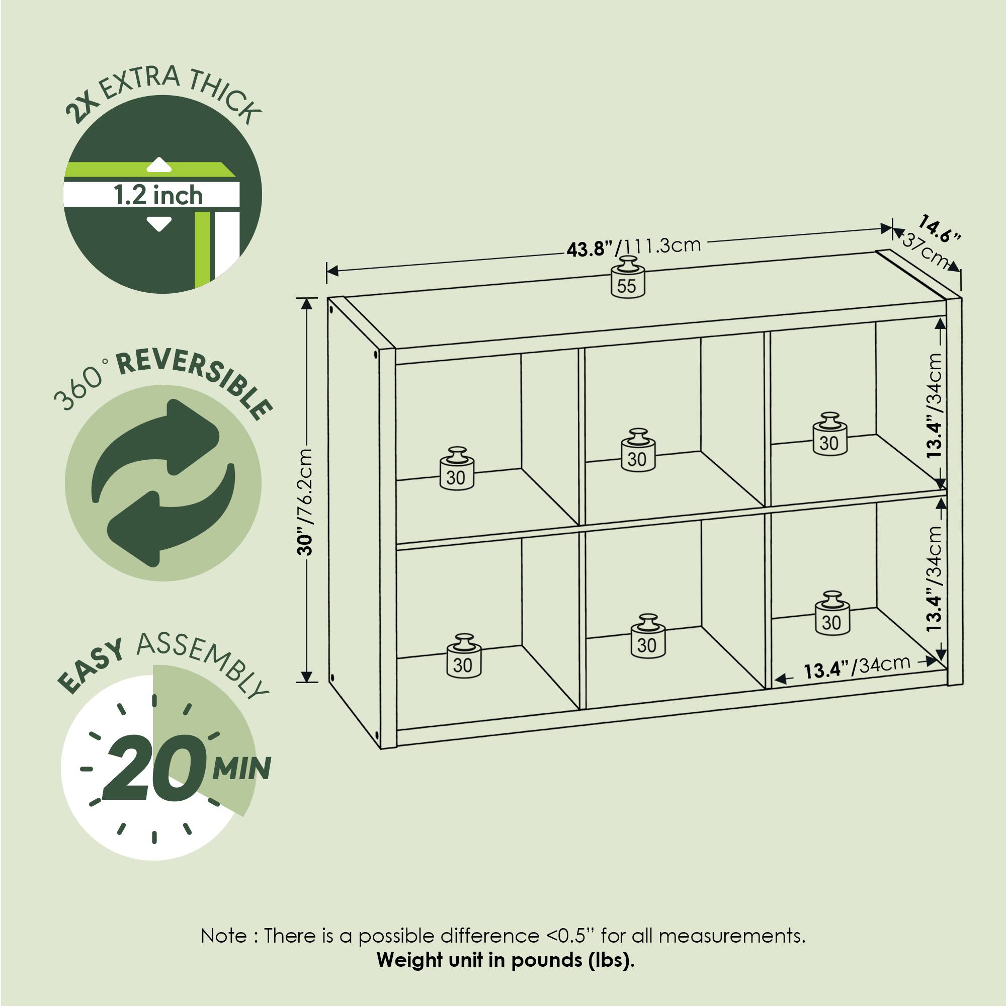 2X EXTRA THICK 1.2 inch  
360° REVERSIBLE 30"/76.2cm  
EASY ASSEMBLY 20 MIN  
43.8"/111.3cm  
14.6"/37cm  
13.4"/34cm  
Note: There is a possible difference <0.5" for all measurements.  
Weight unit in pounds (lbs).
