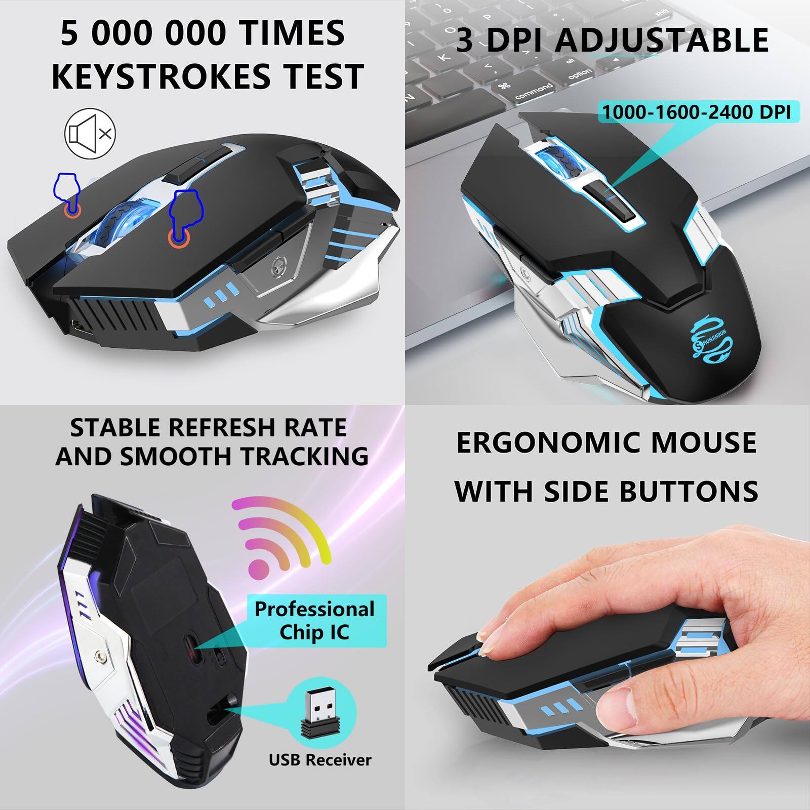 5 000 000 TIMES KEYSTROKES TEST

3 DPI ADJUSTABLE
1000-1600-2400 DPI

STABLE REFRESH RATE AND SMOOTH TRACKING

ERGONOMIC MOUSE WITH SIDE BUTTONS

Professional Chip IC
USB Receiver