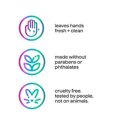 - Leaves hands fresh + clean
- Made without parabens or phthalates
- Cruelty free. Tested by people, not on animals.
