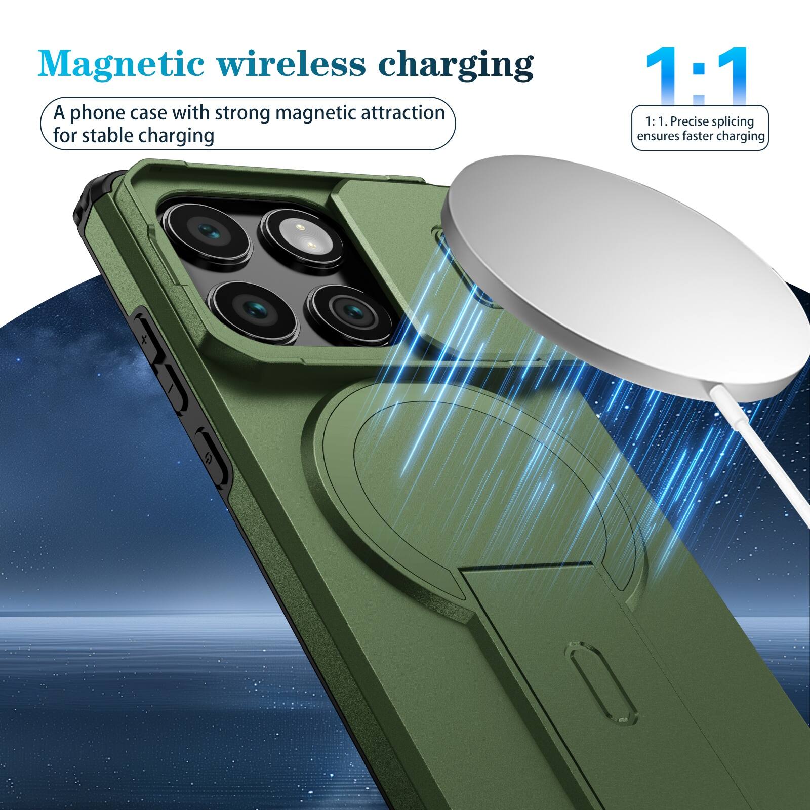 Magnetic wireless charging

A phone case with strong magnetic attraction for stable charging

1:1

1:1. Precise splicing ensures faster charging