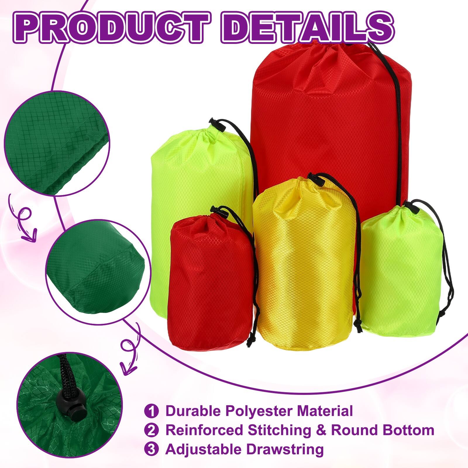 PRODUCT DETAILS

1. Durable Polyester Material
2. Reinforced Stitching & Round Bottom
3. Adjustable Drawstring
