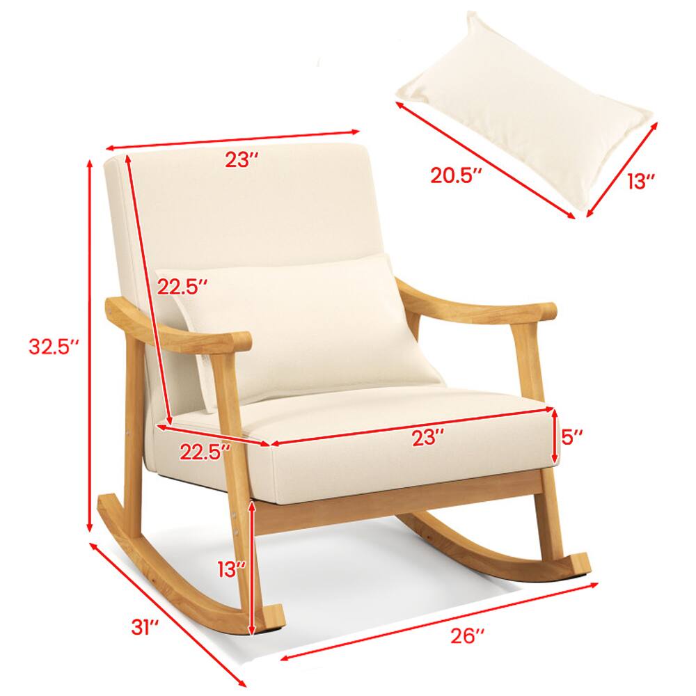 - Height: 32.5"
- Width: 26"
- Depth: 31"
- Seat Height: 13"
- Seat Depth: 22.5"
- Armrest Height: 22.5"
- Back Height: 23"
- Cushion Width: 23"
- Cushion Depth: 5"
- Pillow Width: 20.5"
- Pillow Depth: 13"