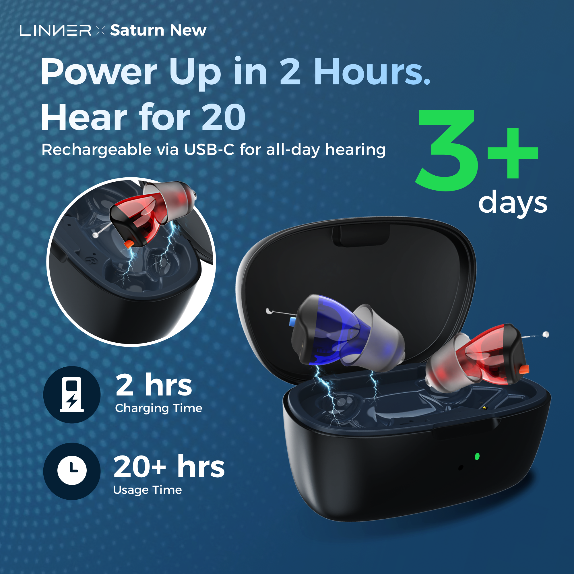 LINIER x Saturn New

Power Up in 2 Hours.  
Hear for 20  
Rechargeable via USB-C for all-day hearing

3+ days

2 hrs  
Charging Time

20+ hrs  
Usage Time