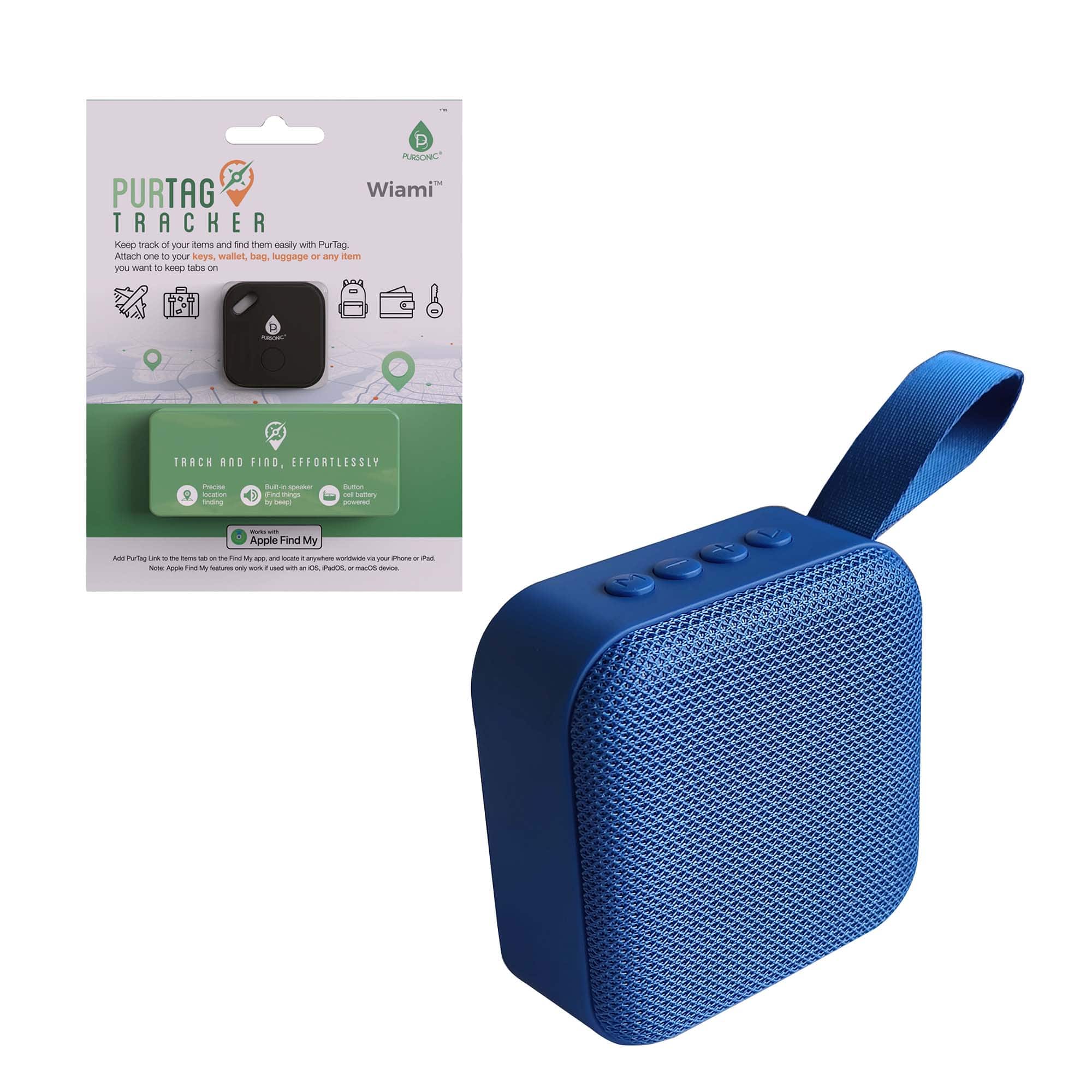PURTAG TRACKER  
Wiami™  

Keep track of your items and find them easily with PurTag. Attach one to your keys, wallet, bag, luggage or any item you want to keep tabs on.  

TRACK AND FIND, EFFORTLESSLY  
- Portable  
- Built-in speaker  
- Bluetooth 5.0  
- Battery life up to 1 month  

Apple Find My  

Add PurTag to the Find My app, and locate it anywhere worldwide via your iPhone or iPad.  
Note: Apple Find My feature only works with iOS, macOS, or watchOS devices.