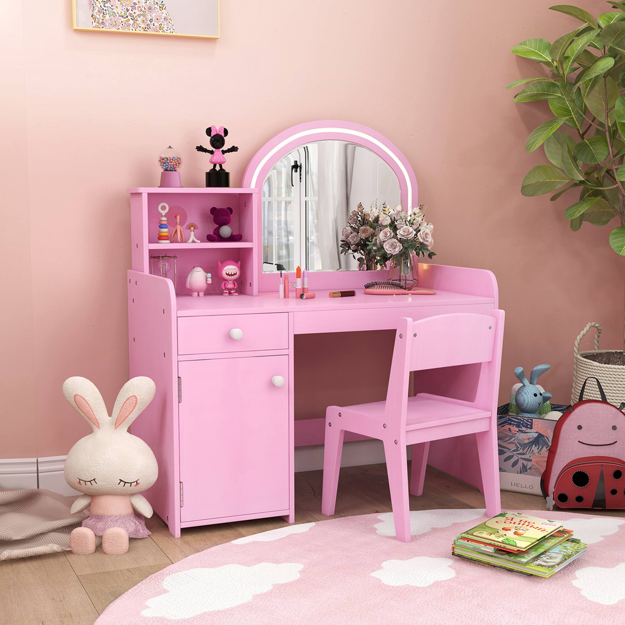 Alt View 8. Costway - Costway Kid Vanity Table Chair Set 2-Color LED Lights Large Drawer Shelf Cabinet - Pink.
