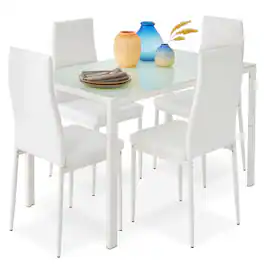 Best Choice Products - 5-Piece Kitchen Dining Table Set w/ Glass Tabletop, 4 Faux Leather Chairs - White