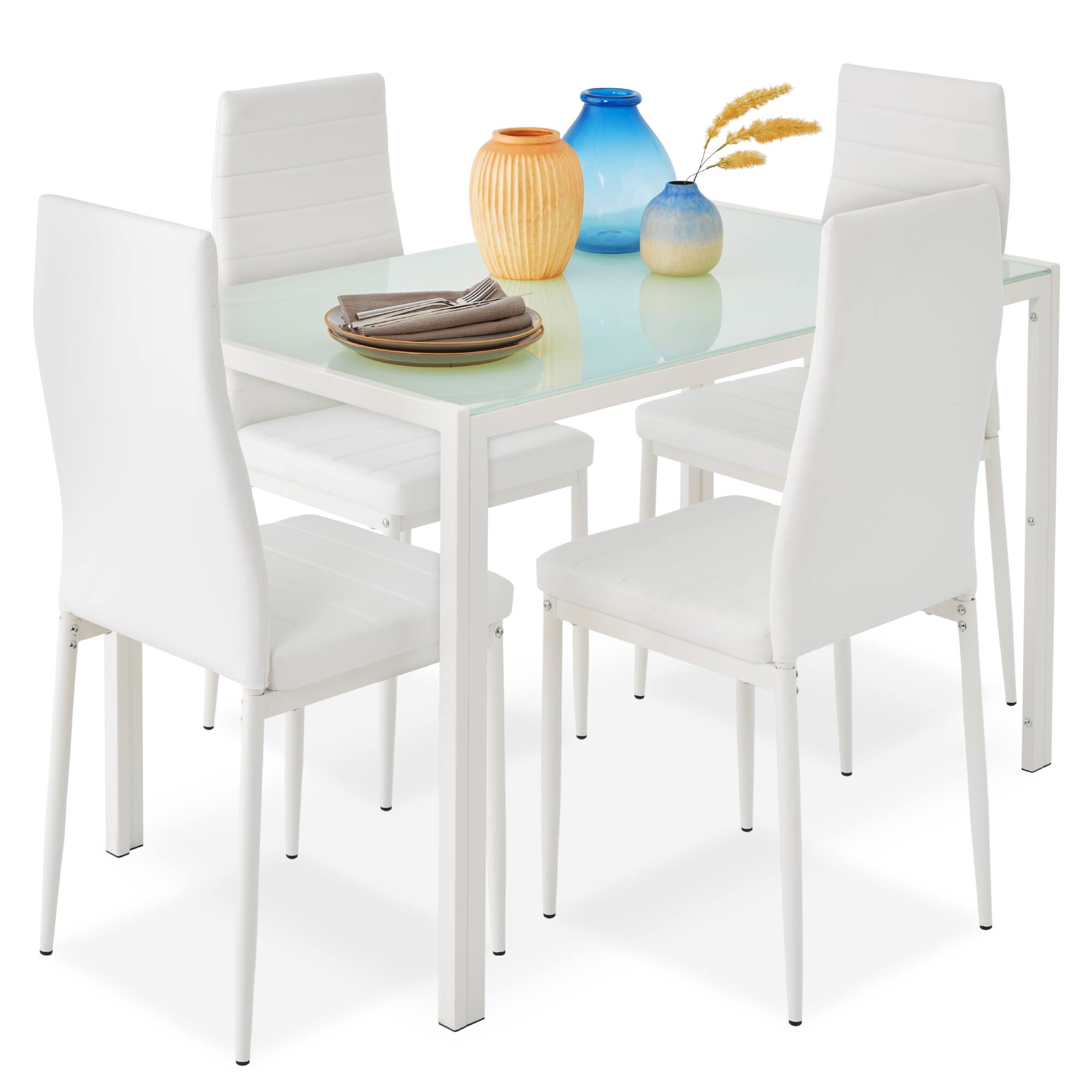 Front. Best Choice Products - Best Choice Products 5-Piece Kitchen Dining Table Set w/ Glass Tabletop, 4 Faux Leather Chairs - White - White.
