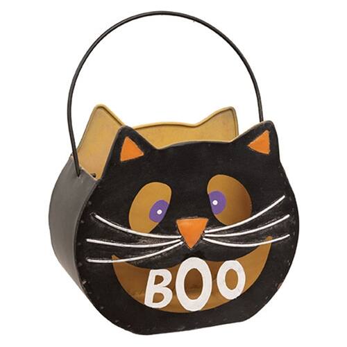 Front. BreeBe - Distressed Metal Boo Cat Luminary Bucket - Black.