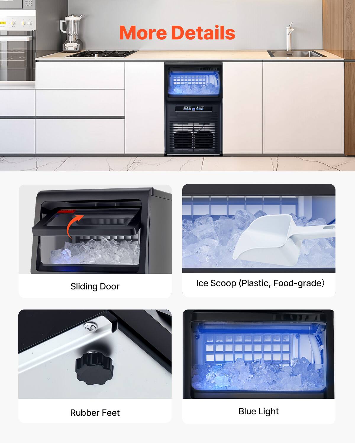 More Details

- Sliding Door
- Ice Scoop (Plastic, Food-grade)
- Rubber Feet
- Blue Light