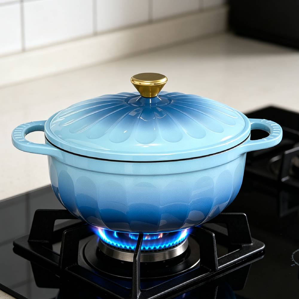 Alt View 6. Winado - 7.5QT Enameled Cast Iron Dutch Oven with Gradient Petal Texture,Heat-Resistant Gloves, Pot Mat for Bread Baking, Stews - Blue.
