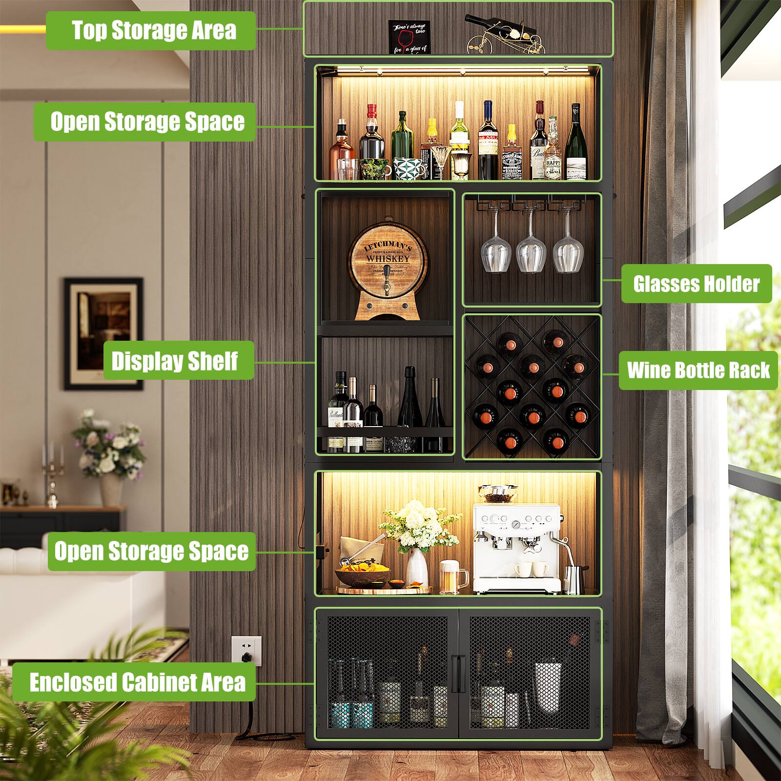Top Storage Area  
Open Storage Space  
Display Shelf  
Open Storage Space  
Enclosed Cabinet Area  

Glasses Holder  
Wine Bottle Rack