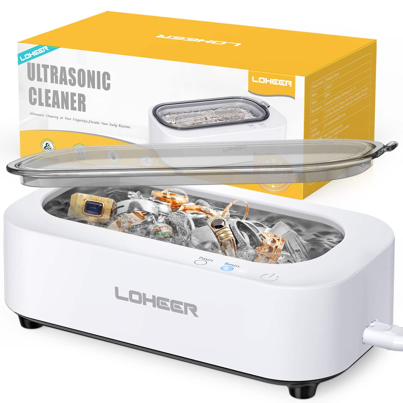 Loheer - Ultrasonic Jewelry Cleaner, 12oz 48Khz Ultrasonic Cleaner for Rings, Glasses, Jewelry