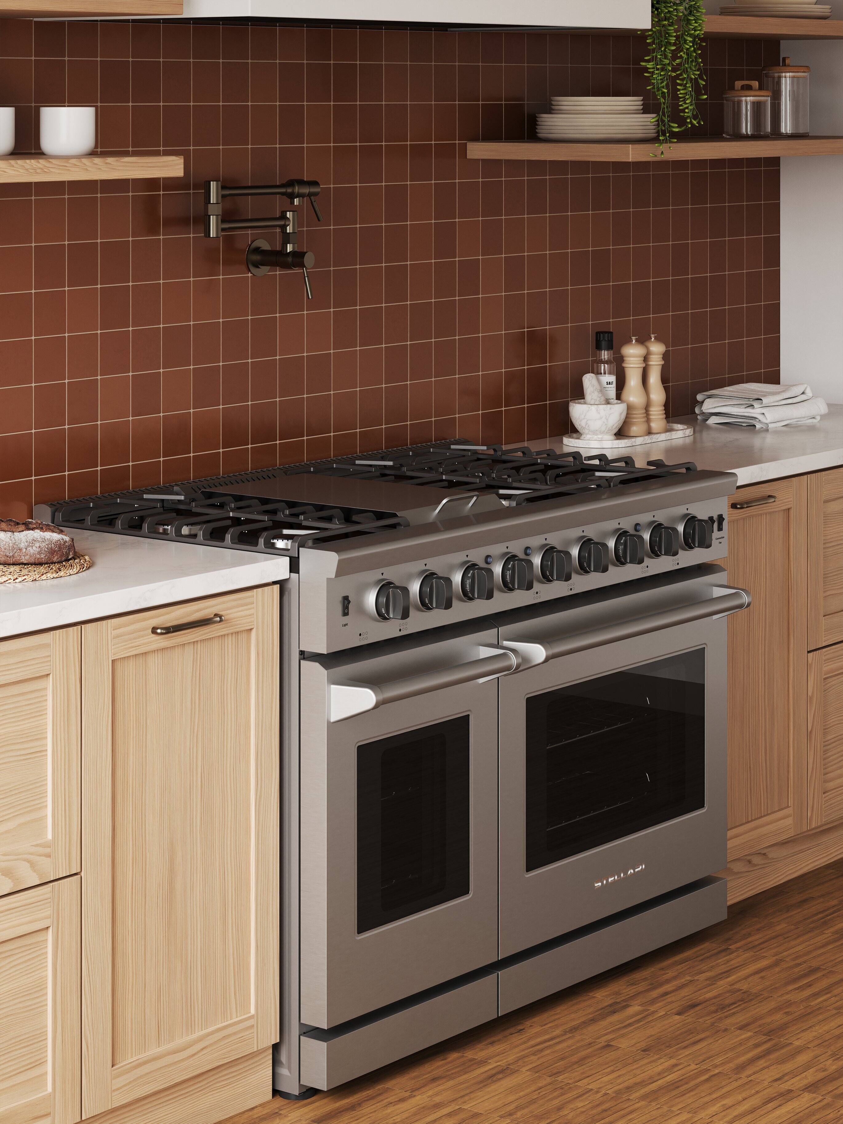 Left. Stellari - 48 in. 6-Burners 6.8 cu. Ft. Double Oven Freestanding Professional Gas Range in Stainless Steel, Griddle,Convection Oven - Stainless Steel.