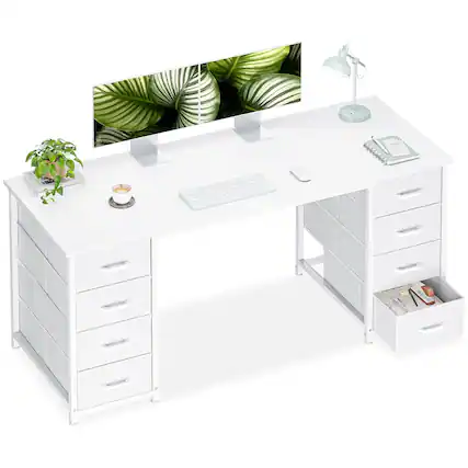Front. AODK - Computer Desk with 8 Fabric Drawers, Large Storage Modern Office Desk for Home Office & Study - White.