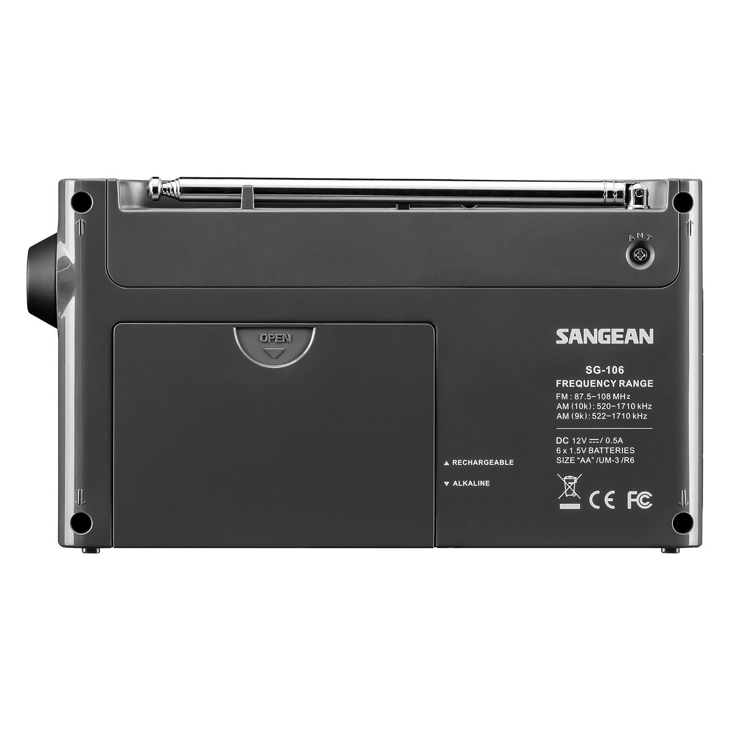 ANA OPEN SANGEAN SG-106  
FREQUENCY RANGE  
FM: 87.5-108 MHz  
AM (10k): 520-1710 Hz  
AM (9k): 522-1710 kHz  
RECHARGEABLE DC 12V 0.5A  
6 x 1.5V BATTERIES  
SIZE "AA" IUM-3 R6  
ALKALINE  
CE FC