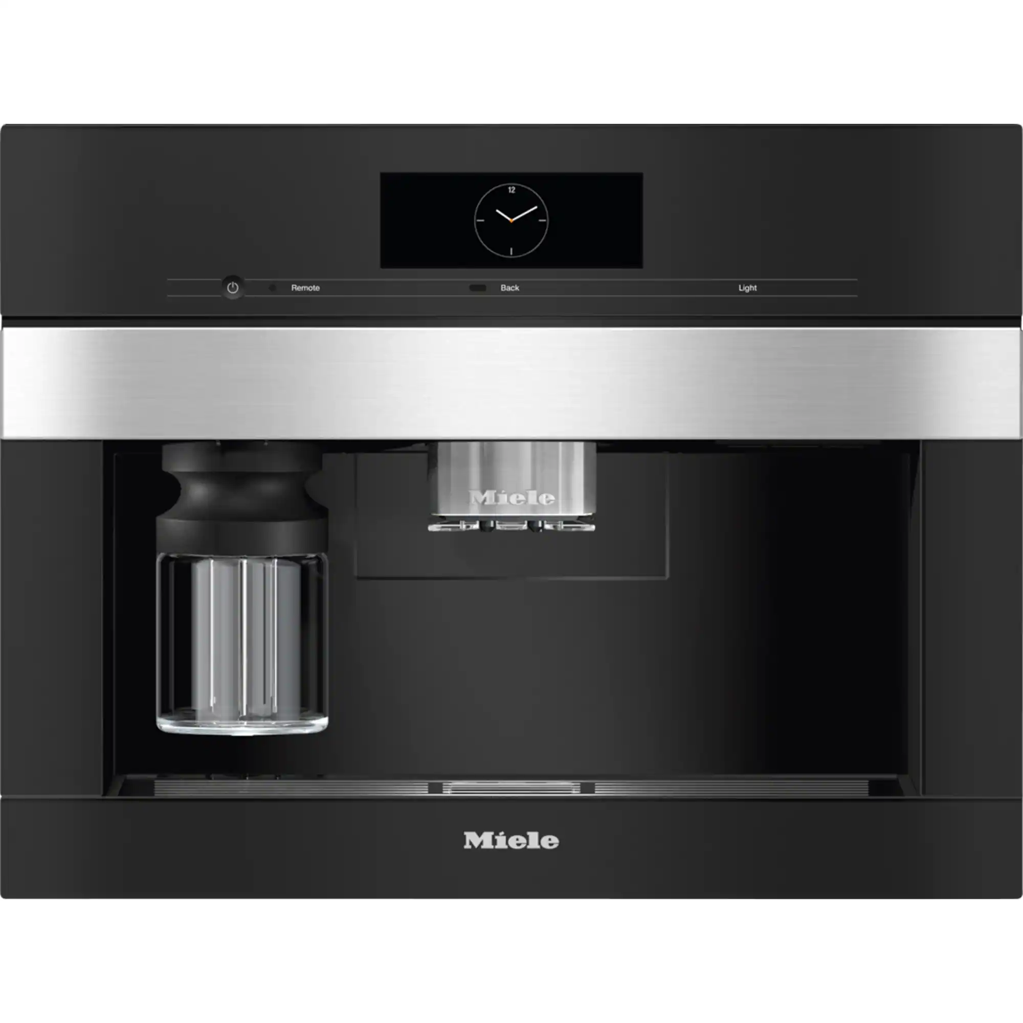 The image shows a black Miele coffee maker with a clock on the front. The coffee maker is open, revealing the interior with a silver and black color scheme. The clock is positioned in the upper part of the coffee maker, making it easy to read the time while using the appliance.