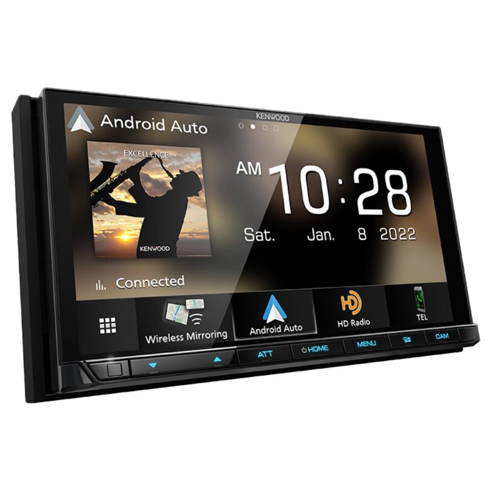 KENWOOD Android Auto  
EXCELLENCE  
AM 10:28 Sat. Jan. 8 2022  
Connected  
Wireless Mirroring  
Android Auto  
HD Radio  
TEL  
CAM  
MENU  
HOME  
ATT