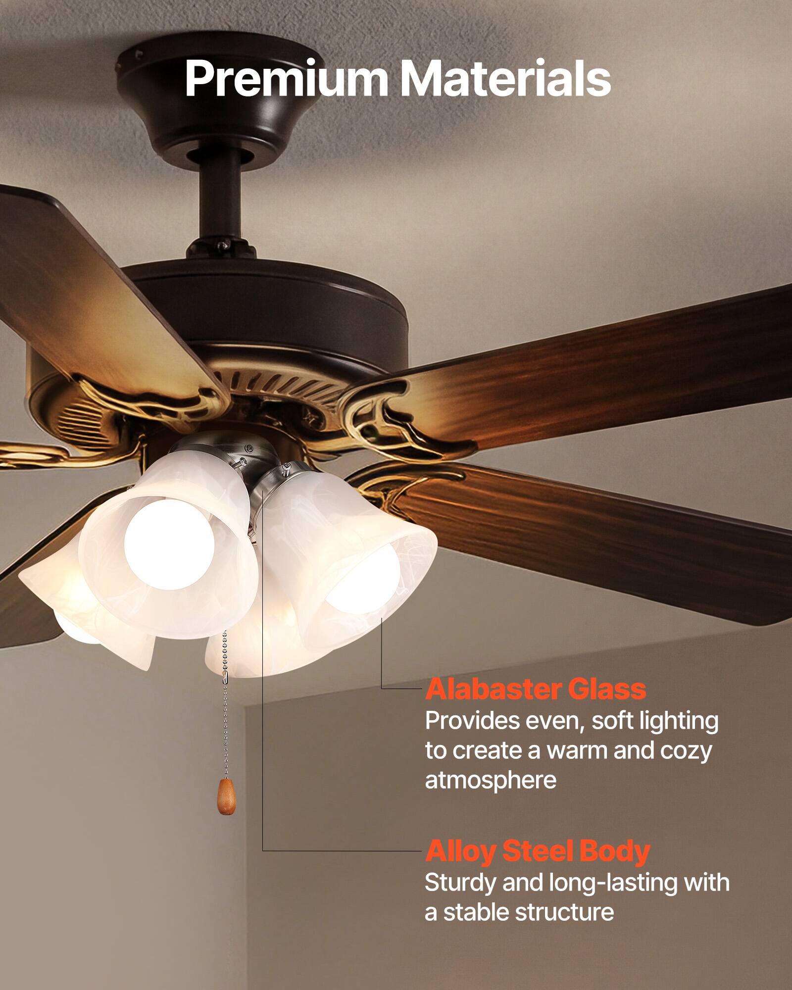 Premium Materials

- Alabaster Glass
  Provides even, soft lighting to create a warm and cozy atmosphere

- Alloy Steel Body
  Sturdy and long-lasting with a stable structure
