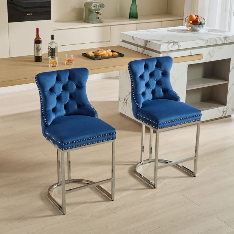 HTUTWOO - 25" Counter Height Bar Stools Set of 2, Velvet Upholstered with Button Back & Rivet Trim, for Kitchen Island & Home Bar - Blue