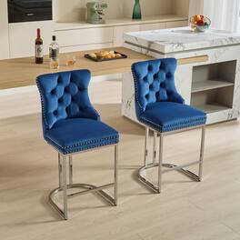 HTUTWOO - 25" Counter Height Bar Stools Set of 2, Velvet Upholstered with Button Back & Rivet Trim, for Kitchen Island & Home Bar - Blue
