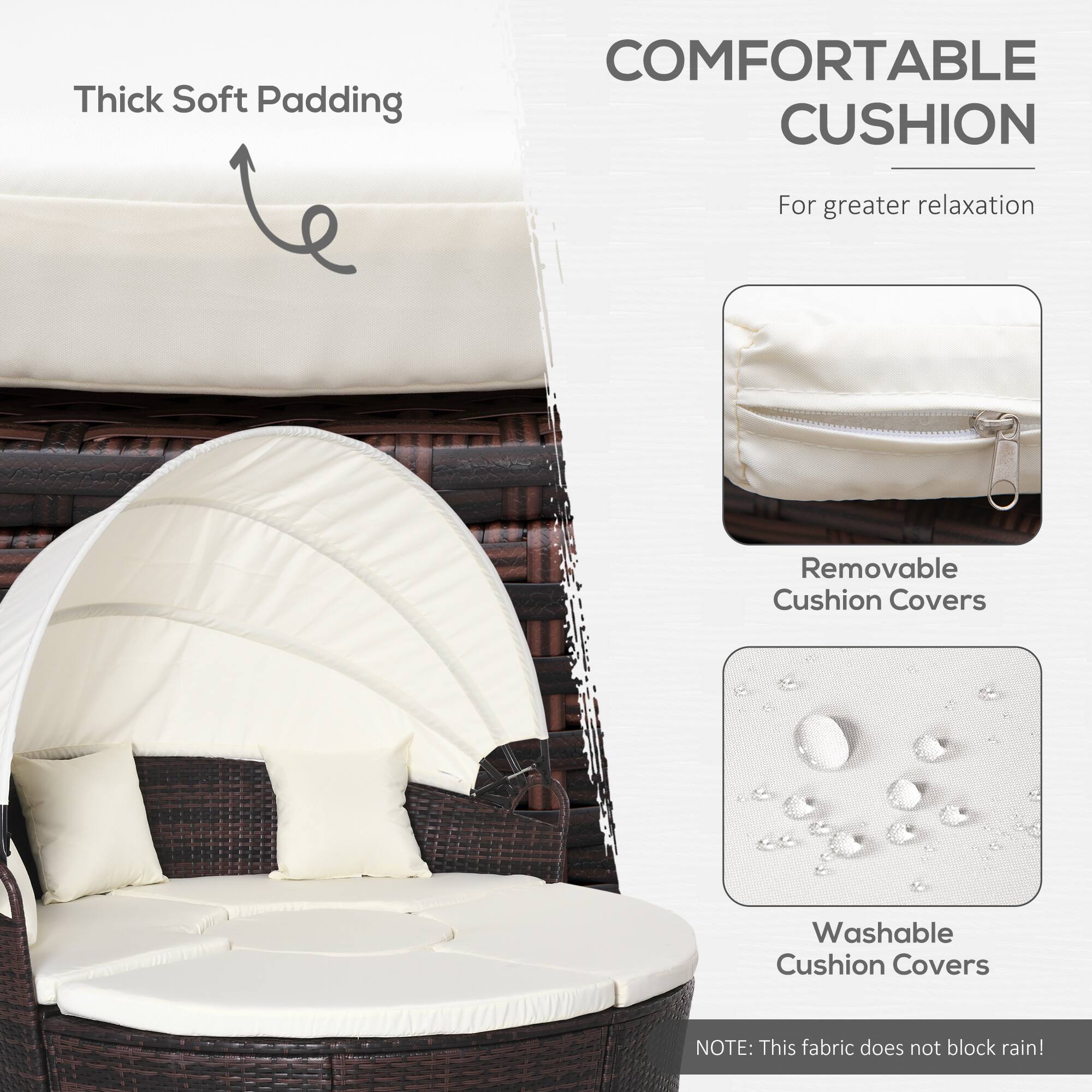 Thick Soft Padding, COMFORTABLE CUSHION, For greater relaxation, Removable Cushion Covers, Washable Cushion Covers, NOTE: This fabric does not block rain!