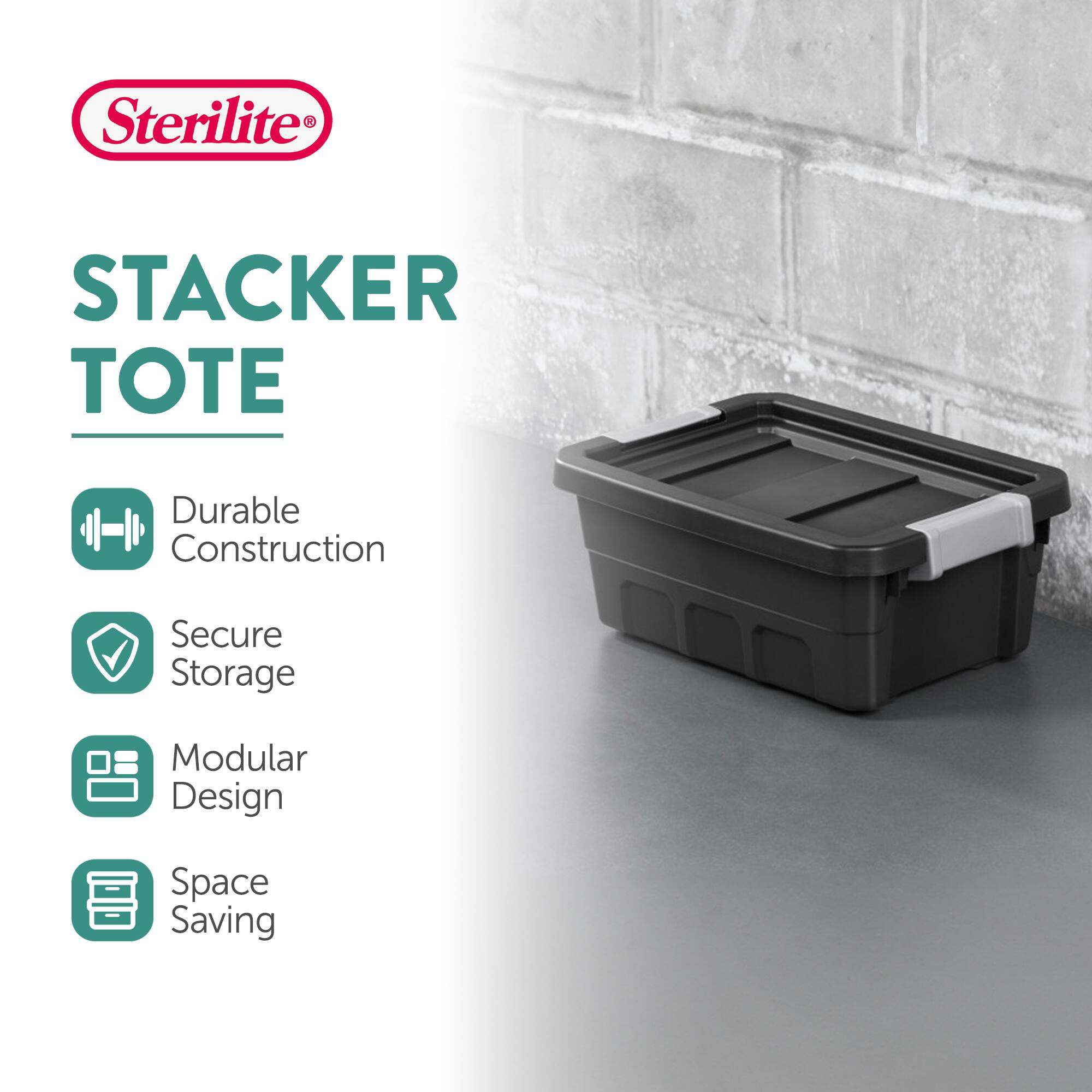 Sterilite®  
STACKER TOTE  

- Durable Construction  
- Secure Storage  
- Modular Design  
- Space Saving