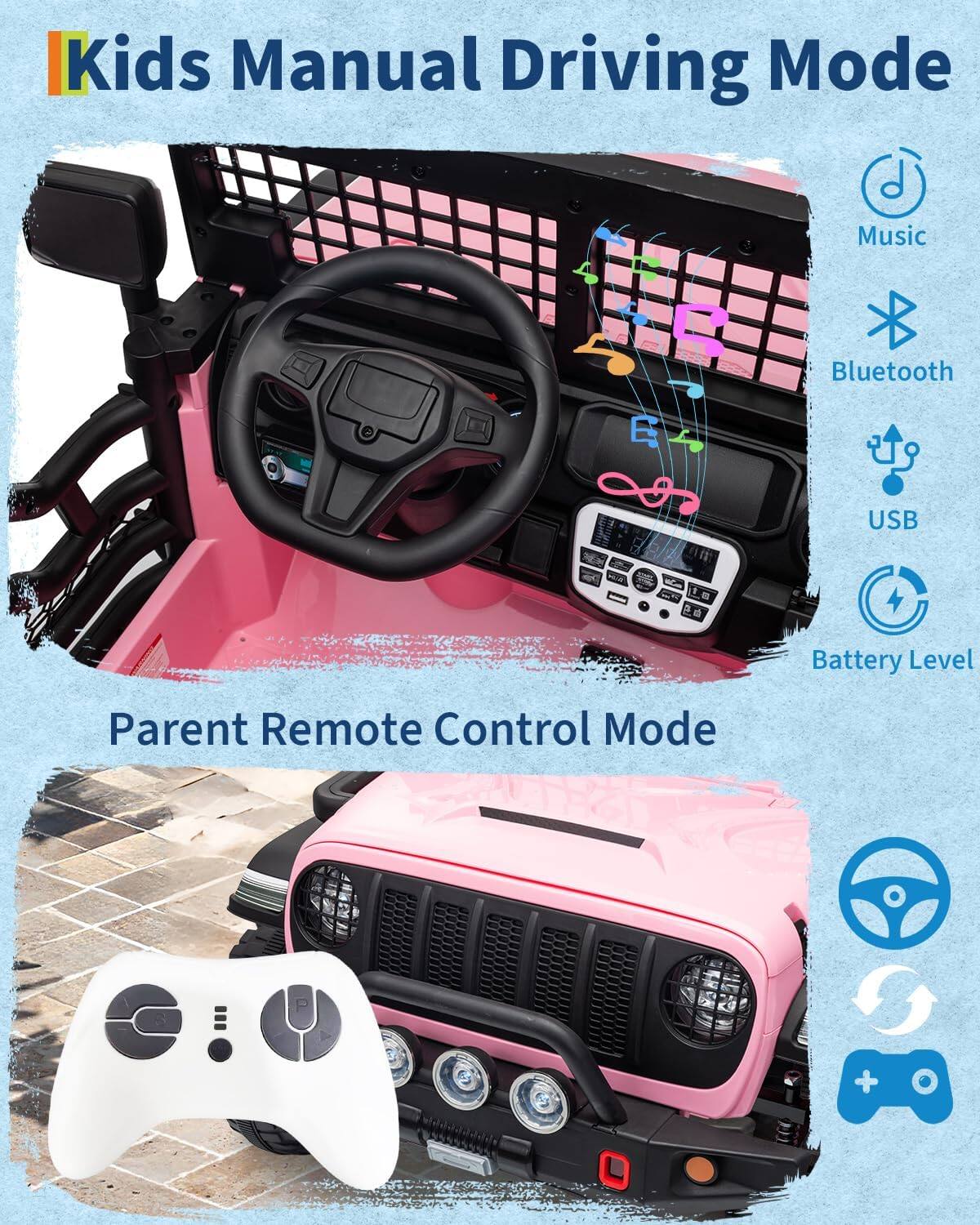 Kids Manual Driving Mode  
Music  
Bluetooth  
USB  
Battery Level  

Parent Remote Control Mode