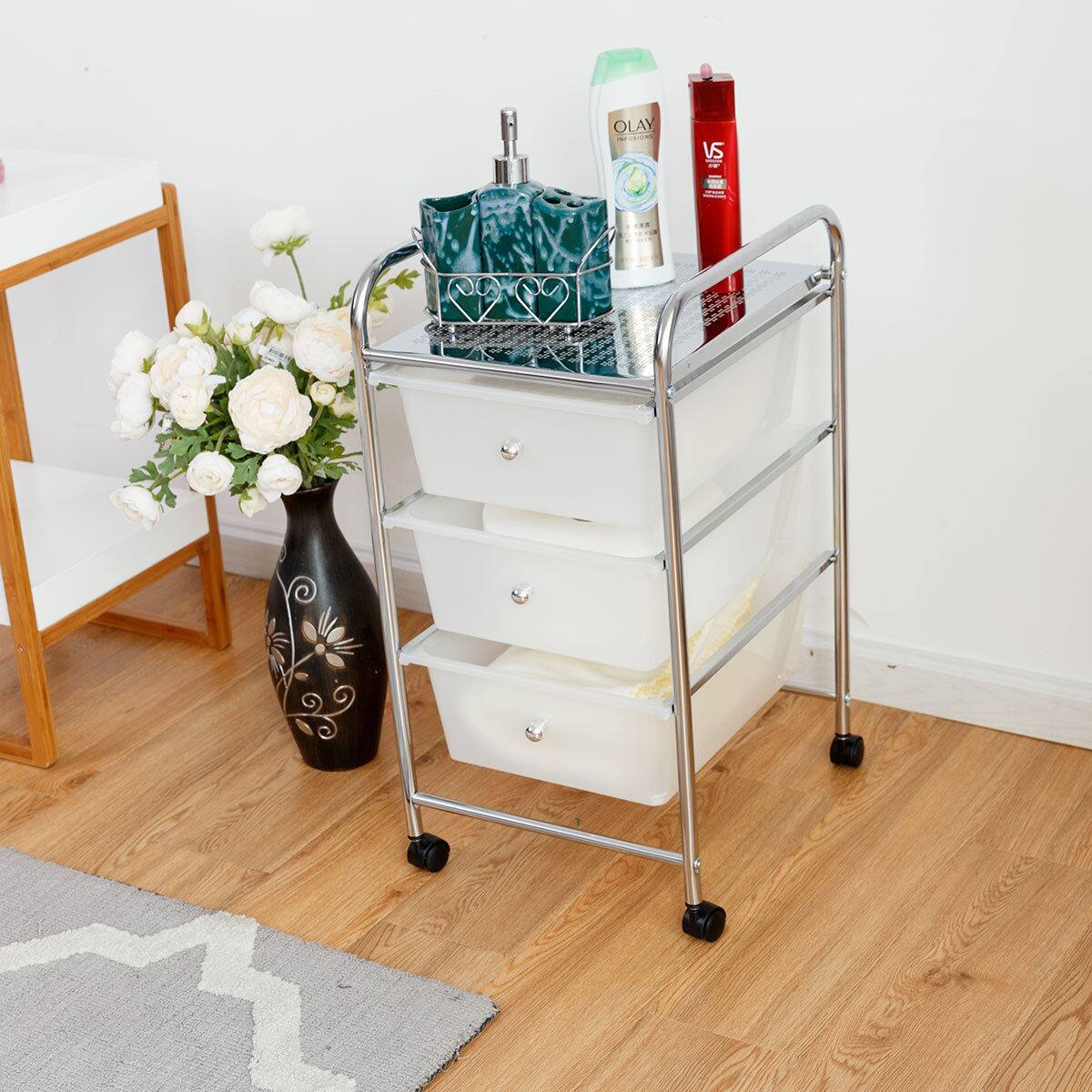 Left. Costway - 3 Drawers Metal Rolling Storage Cart Scrapbook Supply & Paper Home Office - Clear.