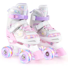 Costway - Kids Roller Skates 4 Sizes Adjustable Quad Skates with Light-up Wheels for Ages 5-8 - Pink