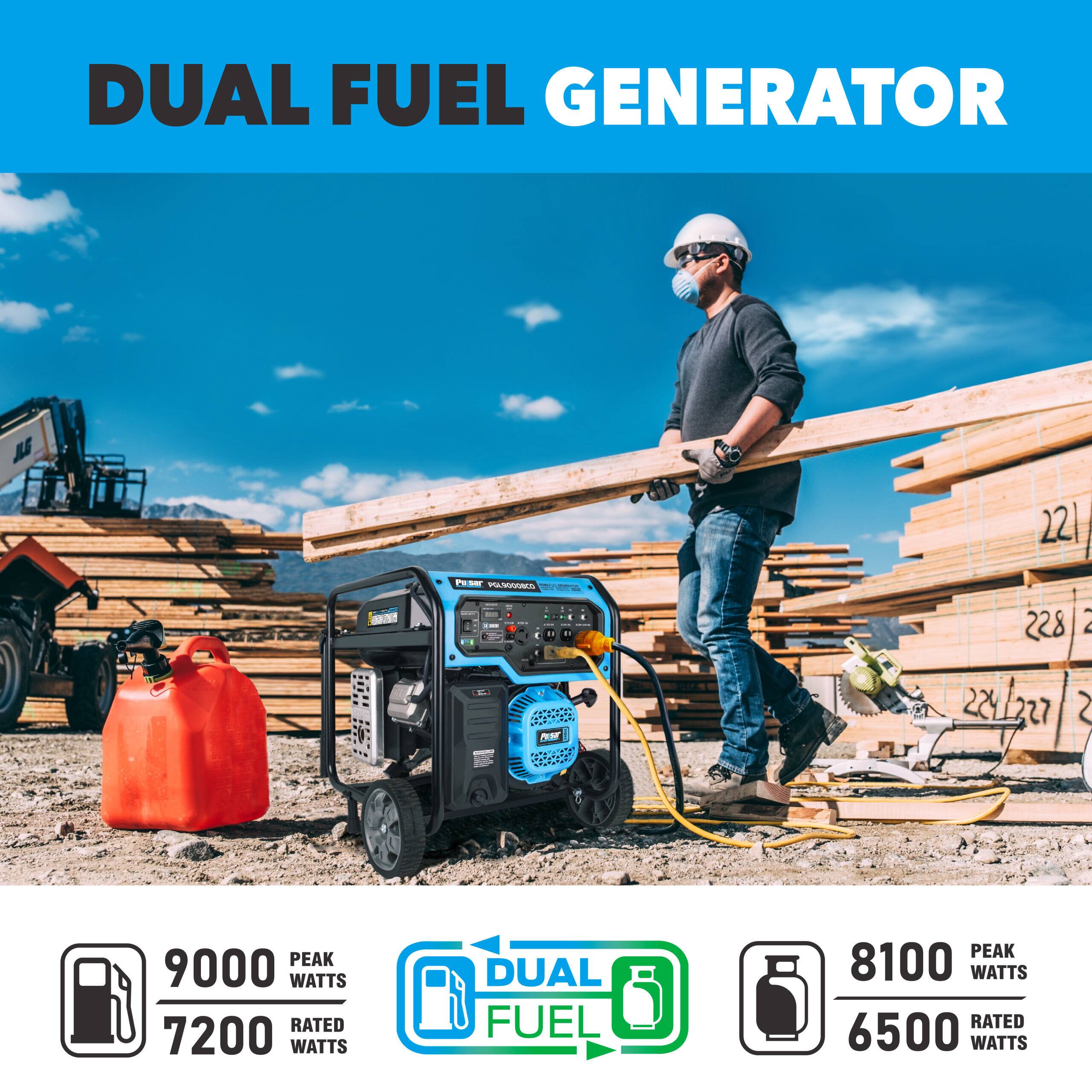 DUAL FUEL GENERATOR

9000 PEAK WATTS  
7200 RATED WATTS

8100 PEAK WATTS  
6500 RATED WATTS
