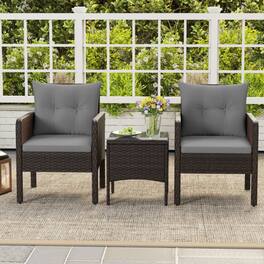 Mondawe - Compact Freestanding Patio PE Wicker Set with Cushions 2 Chairs & Table 3-Piece - Mix Brown+Gray