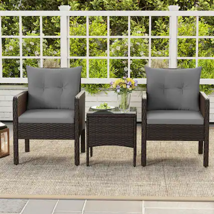 Front. Mondawe - Compact Freestanding Patio PE Wicker Set with Cushions 2 Chairs & Table 3-Piece - Mix Brown+Gray.